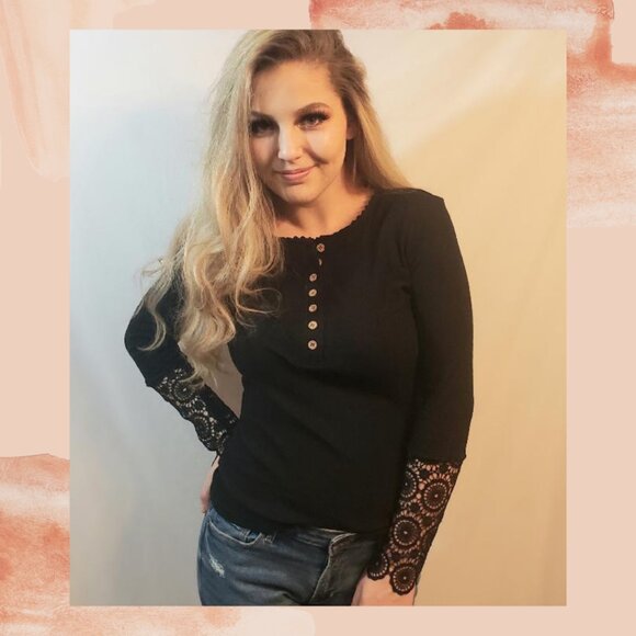 Black Ribbed Fitted Half Lace Long Sleeve Tee - Picture 2 of 3